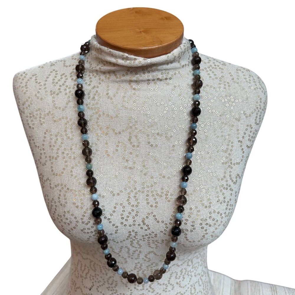 Jay King DTR Faceted Smoky Quartz Beaded Necklace 32" Sterling Clasp Blue Stone